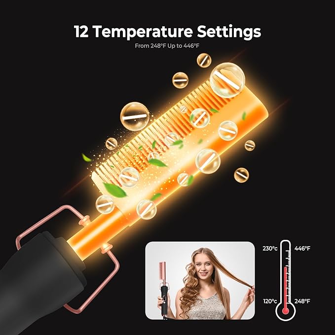Hot Comb,Travel Curling Iron Double Voltage 110-240V with European Plug Adapter,12 Temp Settings Straightening Comb for Black Hair,Pressing Combs for Straight/Curling