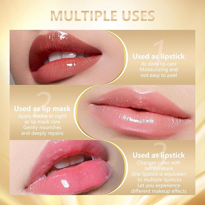2Pcs Transferproof Color Changing Lipstick, Gold Crystal Color Changing Lipstick, Moisturizer Long Lasting Lip Balm for Women