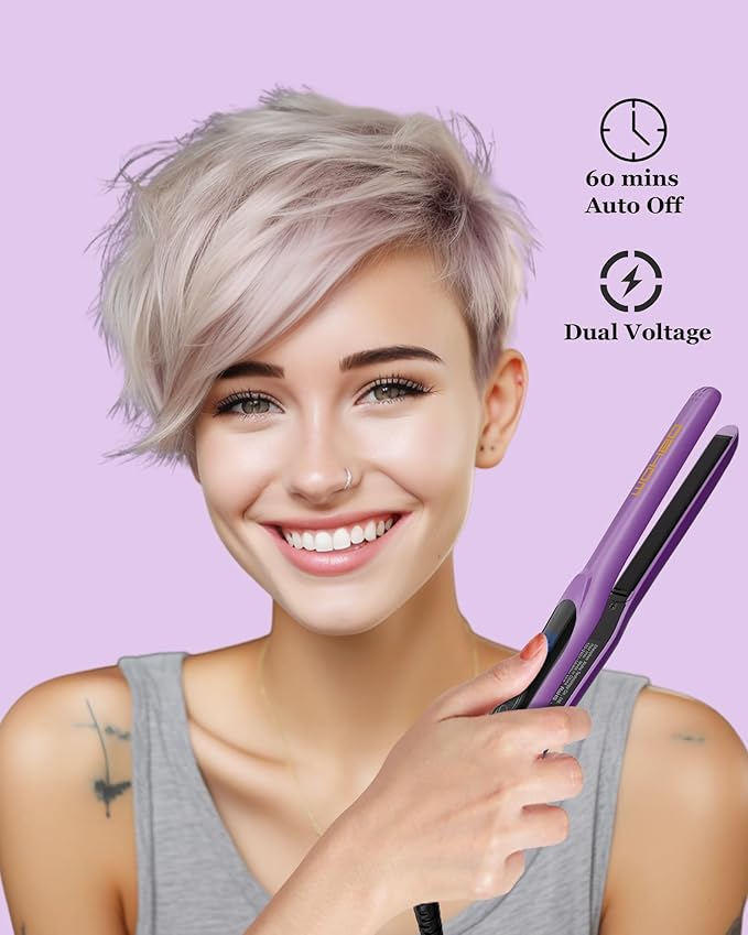 DSHOW 1/2" Flat Iron, Small Flat Iron Hair Straightener for Short Hair, Tourmaline Ceramic Mini Travel Hair Straightener with a Pouch, 6 Temperature, Dual Voltage (Purple)