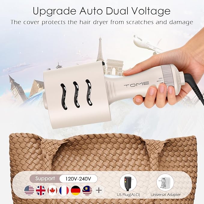 Tome Travel Hair Dryer Brush, Dual Voltage Blow Dryer Brush, Mini Hot Air Portable 2 inch Travel Hair Dryer Styler Volumizer Oval Shape (Tome Color)