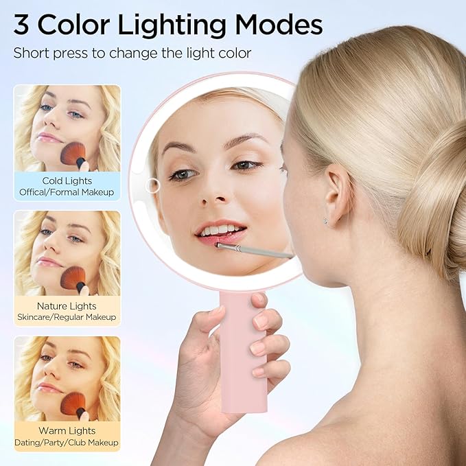 Makeup Mirror with Lights - 360° Rotation, 3 Color Modes (Dimmable), 1X/10X Magnifying Double-Sided Mirror, Rechargeable & Portable Vanity Mirror with Touch Control for Tabletop, Home, Travel Pink