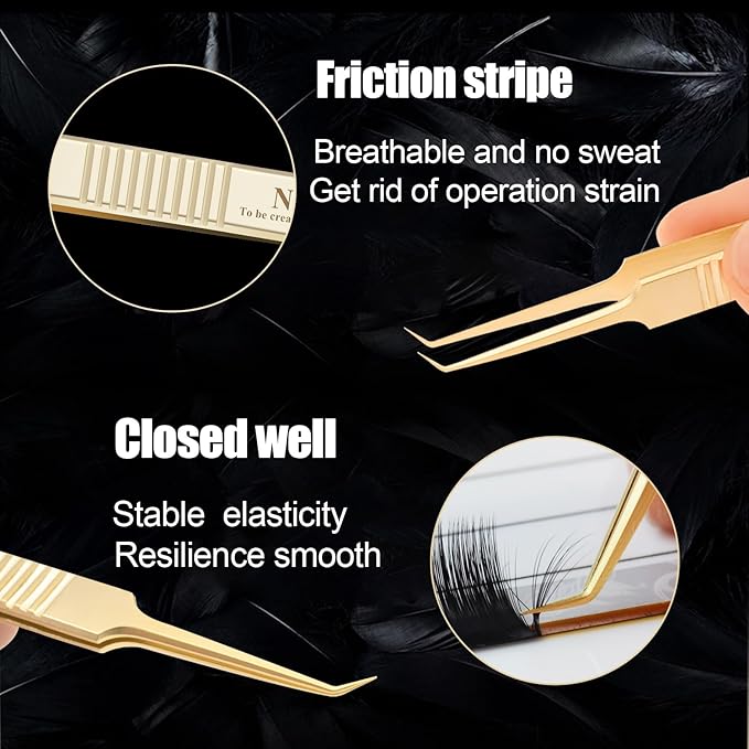 NAGARAKU Tweezers for Eyelash Extensions Gold Curved Angled Volume Cluster Super Light Weight Easy Fanning Tweezers Stainless Steel Precision (N-07)