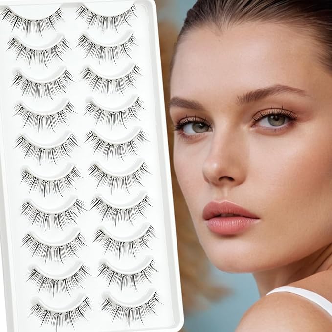 False Eyelashes Natural Look False Lashes Short 12mm 0.1mm Ultra Thin Handmade Tied Clear Band Fake Eyelash Strip Wispy Soft Lightweight Pestañas Postizas(M18）
