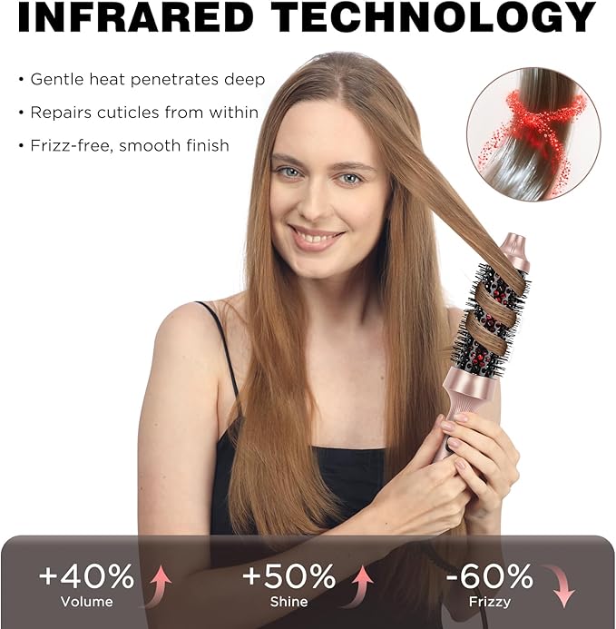 Prizm Infrared Thermal Brush Curling Brush, 1.5 Inch Ionic Heated Round Brush for Blowout Look, 4 Temp Settings & LED Display, Anti-Scald Design, Dual Voltage Hot Brushes for Voluminous Curls, Gold