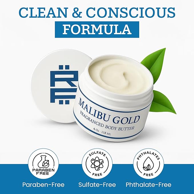 Cologne Body Butter for Men & Malibu Gold Sensual Scent Roller - Infused Shea Butter & Avocado Butter w/ Sunlit Citrus, Vanilla Caramel & Amberwood All-Day Fragrance, Moisturizing Vitamin E 4oz (1)