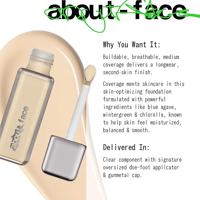 about-face THE PERFORMER Skin-Focused Foundation F2Olive – Medium Coverage, Long-Wear, Breathable & Buildable Base – Clean, Vegan, Hydrating Formula with Blue Agave & Chlorella – 1.08oz