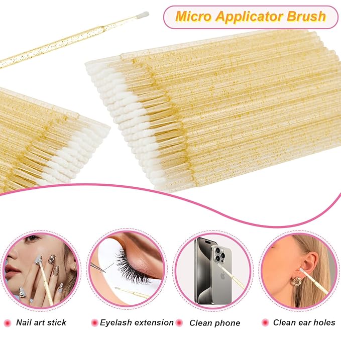 300PCS Eyelash Extension Supplies Kit, Disposable Micro Swab Brushes Eyebrow Spoolies Lip Brushes Mascara Wands Makeup Applicator Tools(Gold)