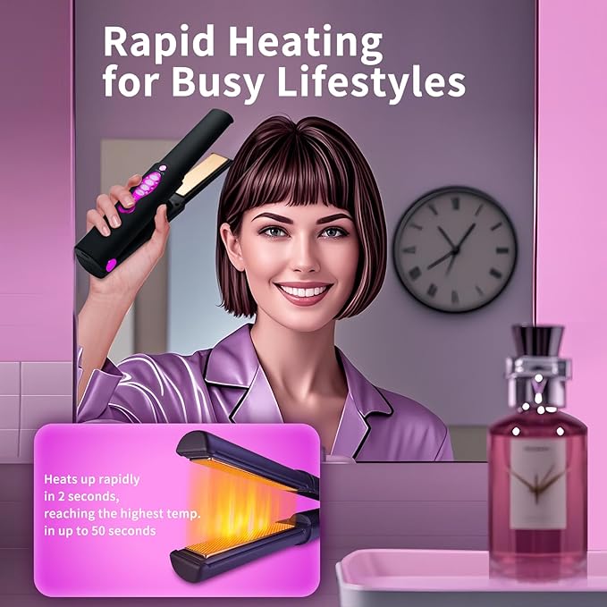 Small Titanium Flat Iron for Short Hair, Mini Cordless Hair Straightener and Curler for Travel, Dual Voltage, Portable, USB-C Rechargeable, Fast Heating, 5000mAh Battery, 3 Temp Settings(Decent Black)