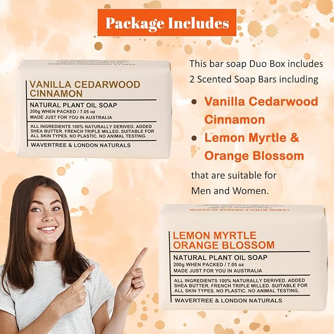 Wavertree & London Duo Gift Box (2 Bars) - 7oz Lemon Myrtle, Orange Blossom and Vanilla Cedarwood Scented Triple Milled Natural Soap Bars - Pure Plant Oil Soap Bars for All Skin Types