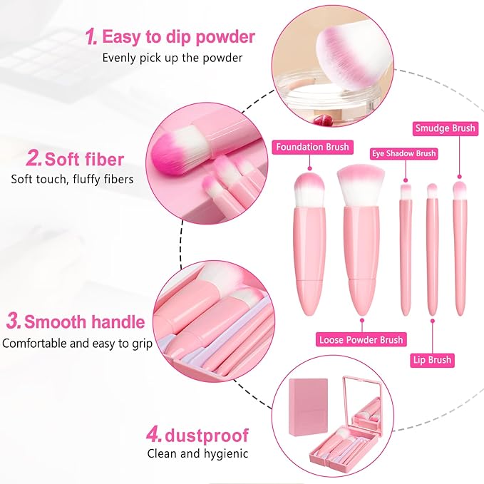 Travel Makeup Brush Set, Portable 5 PCS Mini Makeup Brushes with Mirror, Easy-taken Makeup Tool Set for Eyeshadow, Contour, Blush, Complete Function Cosmetic Profesional Tools (Pink)