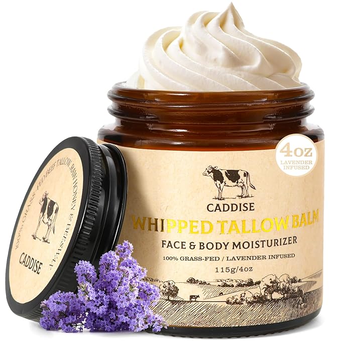 Whipped Beef Tallow for Skin – 100% Grass-Fed Handmade Cream Moisturizer for Face & Body, Natural with Honey, Shea Butter, Jojoba Oil, Non-Greasy, Nourishing for Men, Women, Kids, 4 Oz (Lavender)