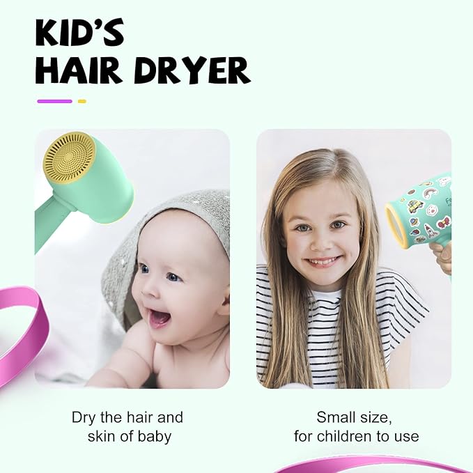 Feekaa Kids Hair Dryer, Low Noise Gentle Heat for Kids Skin, Gift for Children's Birthday, Christmas, Yellow-Green