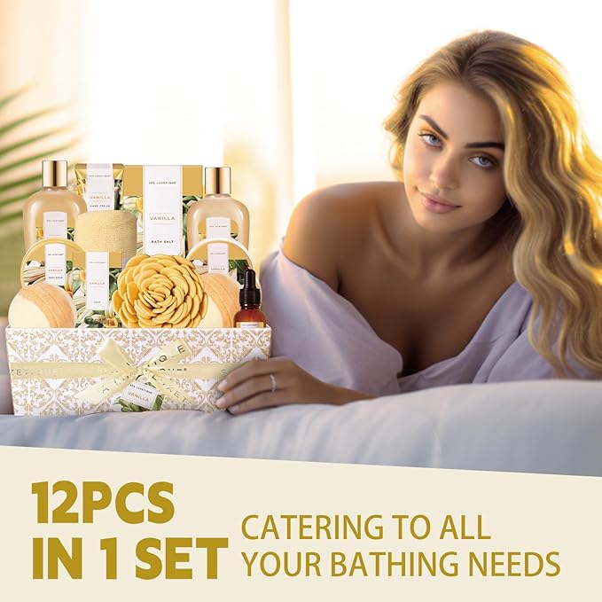 Spa Gift Baskets for Women, Spa Luxetique Spa Gifts for Women, Birthday Gifts Spa Kit, 12pc Vanilla Bath Set, Womens Self Care Valentine's Day Gift