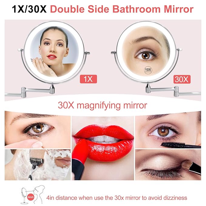 FUNTOUCH 5000mAh Rechargeable Wall Mounted Lighted Makeup Vanity Mirrors, Double Sided 1X 30X Magnifying, 3 Color Lighting, Touch Screen Dimming, Extended Arm 360 Rotation Shaving Bathroom Mirror