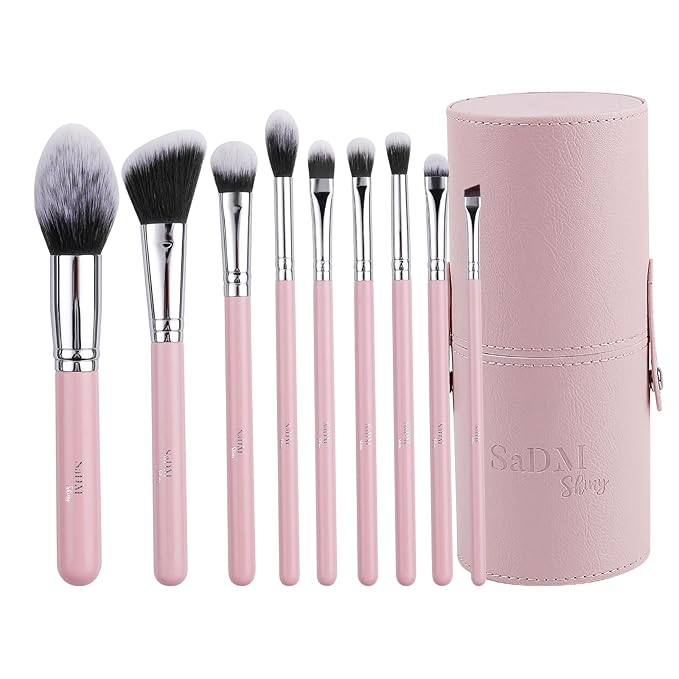 Makeup Brush Set (9 Pieces) - Includes Foundation, Powder, Concealers, Highlighter, Contour, Eye Shadows & Blush Brushes - Face & Eye Make Up Brushes with Synthetic Bristles - Leather Case Included