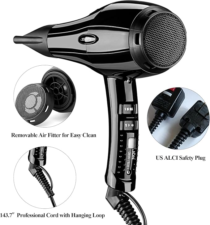 Professional Salon Hair Dryer, Blow Dryer Active Oxygen Negative ions Dryer with Attachments for Fast Drying for Family, Low Noise (Mirror Black, 2 Accessories)