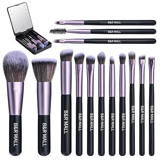 B&R MALL Premium Makeup Brush Set with LED Mirror – Supper soft Brushes for Flawless Foundation, Concealer, Eyeshadow & More | Lightweight, Versatile, Perfect for On-the-Go Touch-Ups (Purple Black)