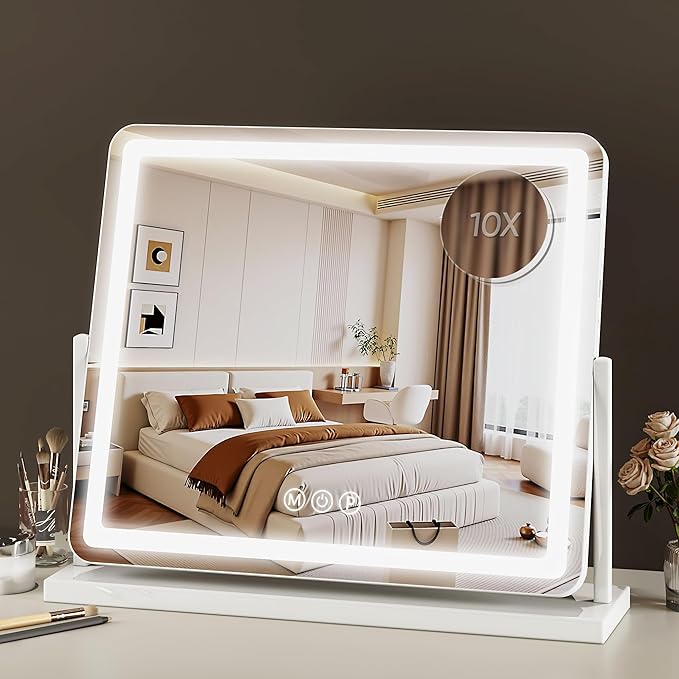 Vanity Mirror with Lights, 22"x19" Hollywood Lighted Makeup Mirror for Tabletop & Bedroom 3 Color Lighting Modes Smart Touch Control 360° Rotation Detachable