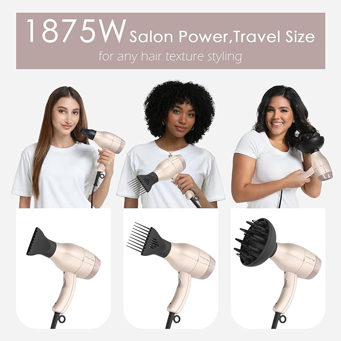 TOME Hair Dryer with Diffuser Blow Dryer Ionic 1875W Cool Shot Curly Hair Teeth Comb Nozzle attachments Light Weight Low Noise Fast Dry Pink