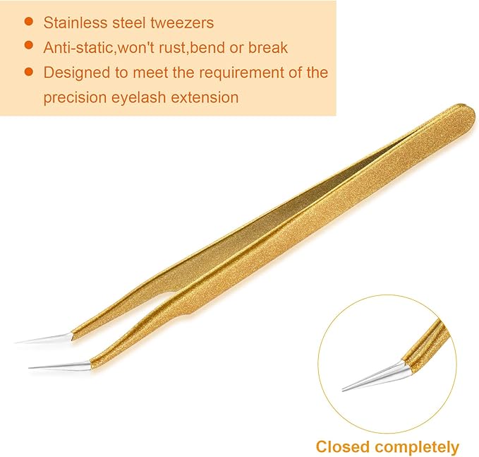 2 Pieces Straight and Curved Tip Tweezers Eyelash Extension Tweezers, Stainless Steel False Lash Application Tools (Gold)