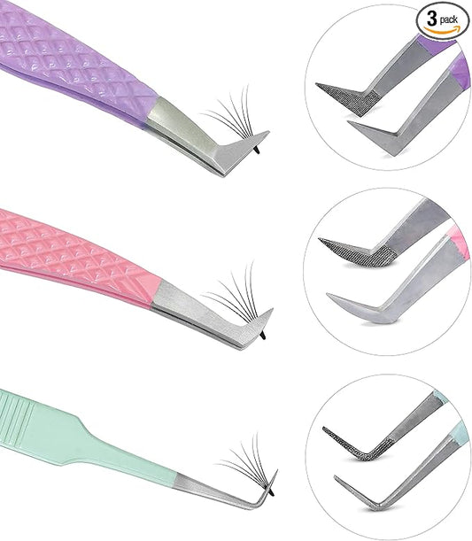 SIVOTE Lash Tweezers for Eyelash Extensions, Set of 3 - Volume, Volume Boot, Slim 90 Degree Tweezers with Fiber Tips in Pastel Colors, Ideal for Mega, Volume & Russian Lashes - Includes Leather Pouch