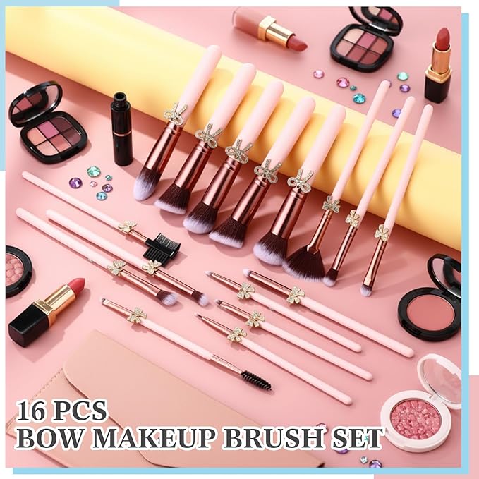 Chengu 16 Pcs Bow Makeup Brush Set with Makeup Brush Storage Bag Soft Bristles Foundation, Powder, Concealer, Eyeshadow, Blush Brushes Kit