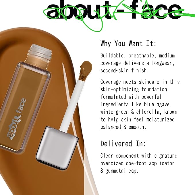 about-face THE PERFORMER Skin-Focused Foundation D1Olive – Medium Coverage, Long-Wear, Breathable & Buildable Base – Clean, Vegan, Hydrating Formula with Blue Agave & Chlorella – 1.08oz