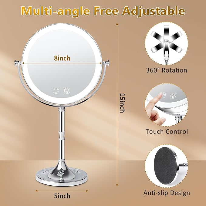 Vanity Mirror with Lights,4000mAh Rechargeable Double Sided Magnifying Mirror with 3 Colors Adjustable,1x/10x Lighted Makeup Mirror,360°Rotation Touch Screen with Memory Function,Women Gift