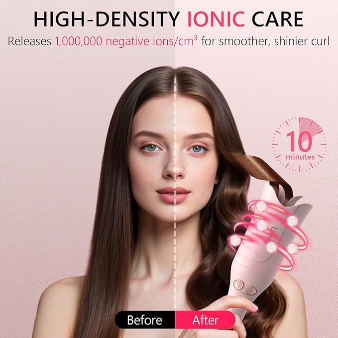 Ufree Automatic Curling Iron - 1-Click Rotating Hair Curler with 3 Temp & Timers, 360° Anti-Scald Design, 1M Ionic Hair Care, Dual Voltage Auto Hair Curler for Beach Waves, Pink