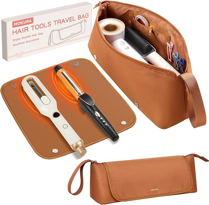 MOKURA Hot Hair Tools Travel Bag with Heat Resistant Mat Removable, Hair Accessories Organizer Case, Women Travel Essentials, Storage Pouch for Curling Iron Straightener Flat Iron Hair Dryer, Brown