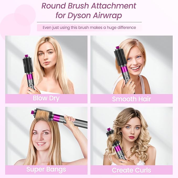 Upgraded Round Volumizing Brush Attachment for Dyson Airwrap HS01/05/08, Round Brush for Dyson Air wrap Accessories for Straighten Dry Curls Add Volume, Rose
