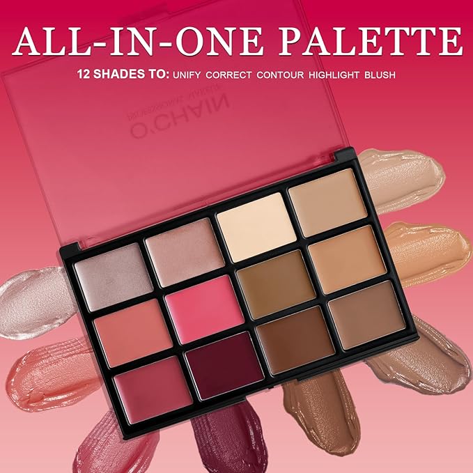 O'CHAIN 12 Colors Cream Face Palette Makeup Set, Contour Blush Highlight All in One Kit, Long Lasting,Light Weight, Beauty Gift for Her, Ideal for Christmas Valentine's Day and Festivals