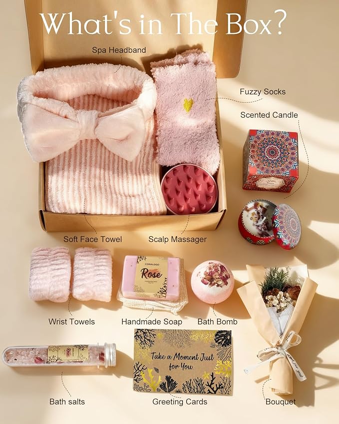 Coralogo Rose Spa Gift Baskets - Natural Pampering Spa Set, Self-Care Get Well Soon Basket,Thank You Gifts, Unique 11pcs Gift Set for Women Wife Mom Her Birthday Valentines Day Mothers Day