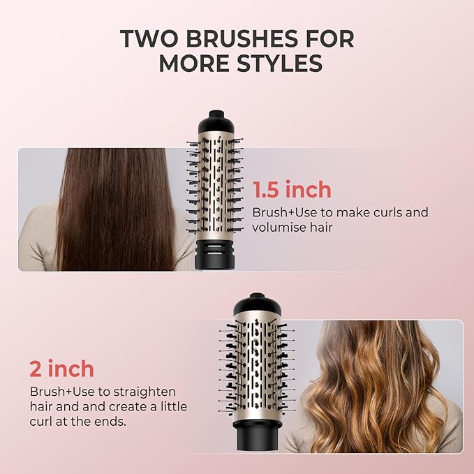 Hair Dryer Brush, 3-in-1 Rotating Round Hot Air Spin Brush Set with 2 Brushes (2" & 1.5"), Negative Ionic Blow Volumizer, 2 Detachable Auto-Rotating Curling Brush 100-120V (White Gold)