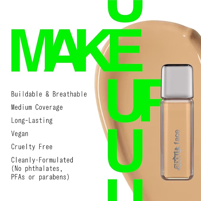 about-face THE PERFORMER Skin-Focused Foundation LM2Neutral – Medium Coverage, Long-Wear, Breathable & Buildable Base – Clean, Vegan, Hydrating Formula with Blue Agave & Chlorella – 1.08oz