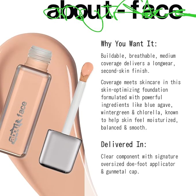 about-face THE PERFORMER Skin-Focused Foundation LM1Cool – Medium Coverage, Long-Wear, Breathable & Buildable Base – Clean, Vegan, Hydrating Formula with Blue Agave & Chlorella – 1.08oz