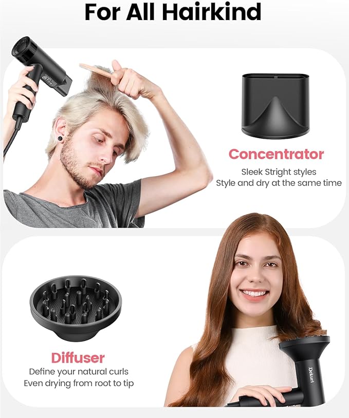 Hair Dryer, 110,000 RPM High-Speed Fast Drying Blow Dryer, 500 Million Ionic Lightweight Hairdryer with Diffuser, Magnetic Nozzle, 4 Temps & 3 Speeds, Low Noise for Women & Men (Black)