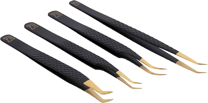 M LASH Tweezers for Eyelash Extensions (Set of 4) - Professional Lash Extension Tweezers - Fiber Tip, Japanese Steel, Diamond Grip Eyelash Extension Tweezer (Matte Black)