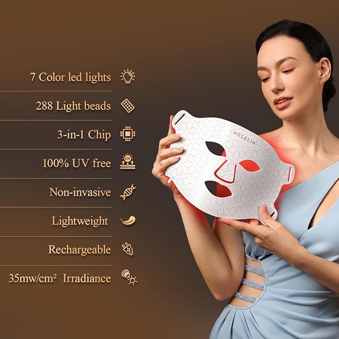 MEGELIN 7 Colors Led Light Therapy Facial Mask, Face Light Therapy Mask for Face, Reduce Wrinkles Smooth Skin, Infrared Light Skin Rejuvenation(White)