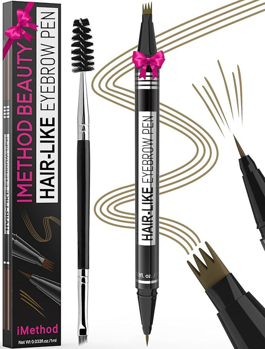 iMethod Eyebrow Pen - Eyebrow Pencil Magical 2-in-1 Eye Brow Pencils for Women with 4-Fork-Tip & Precise Brush-Tip for Natural Hair-Like Brows, Last All-Day, with Eyebrow Spoolie Brush, Light Brown