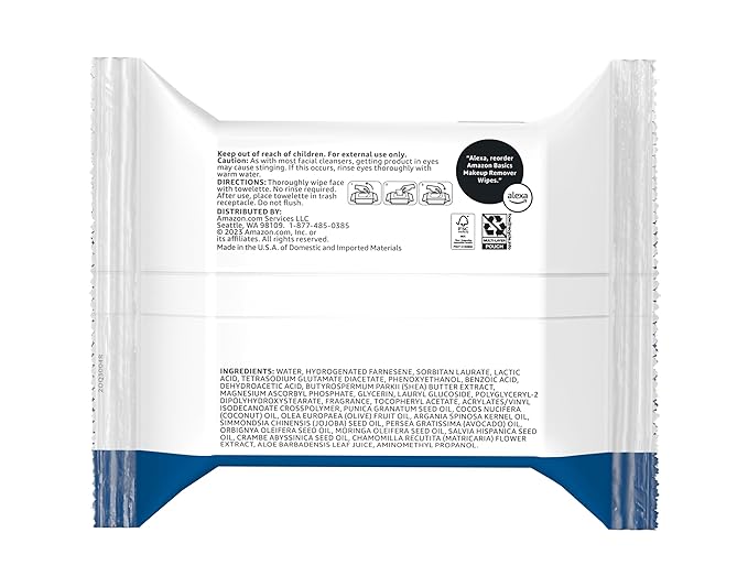 Amazon Basics Makeup Remover Wipes, Gentle Cleansing, Dermatologist Tested, Original, Plant Based, Alcohol-Free, Removes Waterproof Mascara, 25 Count Per Pack, Pack of 1