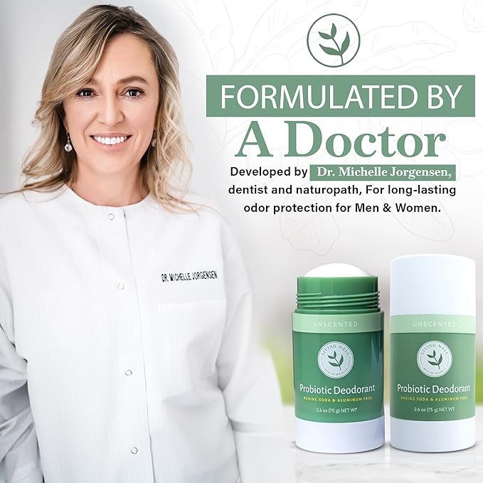 Living Well with Dr. Michelle Natural Probiotic Deodorant Stick | Aluminum-Free, Baking Soda-Free | Unscented & Gentle for Sensitive Skin | Long-Lasting Odor Protection for Men & Women