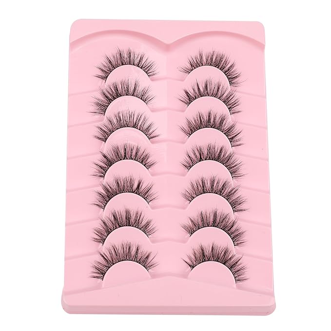 Lashes False Eyelashes Natural 16mm Wispy Lashes Pack Fluffy Eyelashes C Curl Strip Lashes Weightless Fake Lashes 0.1MM Thin Band Eyelash 3D Volume Siligli 7 Pair Lash