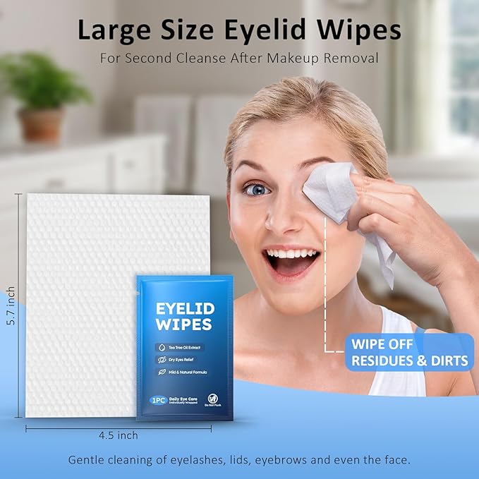 14PCS Tea Tree Oil Eyelid Wipes for Itchy & Dry Eyes, Pre-Moistened Wipes for Styes & Blepharitis, Daily Eye Cleansing Wipe, Hypoallergenic & Soothing For Sensitive Eyes, Stay Hydrated Lid Wipe