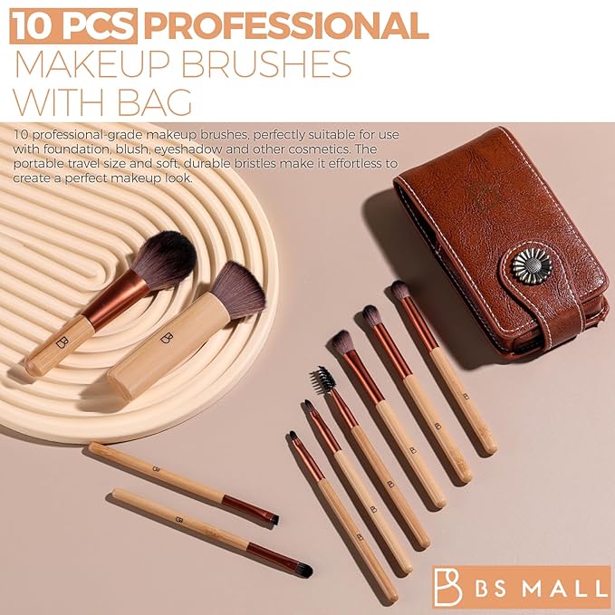 BS-MALL 10 Pcs Professional Bamboo Makeup Brush Set - Travel-friendly Eyeshadow Brush, Concealer Brush & Foundation Brush For Liquid Makeup - Lightweight Multi-purpose Daily Use With Makeup Bag