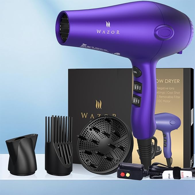 1875W Professional Hair Dryer, Lightweight & Quiet Ionic Blow Dryer, Tourmaline Ceramic Technology for Fast Drying with 2 Speeds & 3 Heat Settings, Damage-Free Shiny Hair, Cool Shot Button, Purple