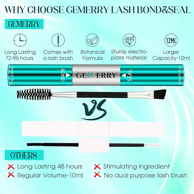 GEMERRY Lash Bond and Seal Waterproof 12ml Lash Glue for Lash Clusters Strong Hold for 72-96 Hours Lash Cluster Glue Mascara Eyelash Glue for Self Use at Home