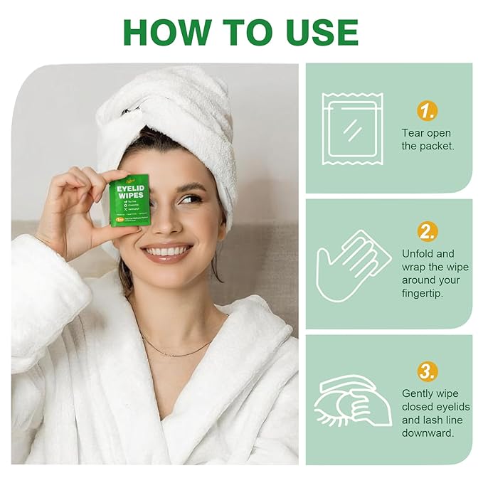 60PCS Tea Tree Oil Eyelid Wipes – Individually Wrapped Eye Lid Cleaning Wipes，Soothing For Sensitive Eyes, Stay Hydrated Lid Wipe