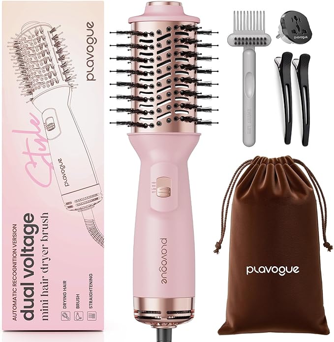 PLAVOGUE Mini Dual Voltage Hair Dryer Brush, 1000 Watts Travel Hot Air Brush with European Plug，Ionic One Step Blow Dryer and Styling Brush with Ceramic Coating for Women for Home & Salon