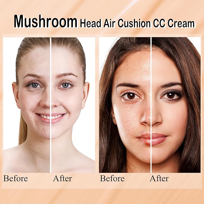Mushroom Head Air Cushion CC Cream Nature Foundation, Moisturizing BB Cream Long Lasting Matte Concealer, Bright Makeup Base Long Lasting with Mushroom Makeup Sponge (#02 Natural)